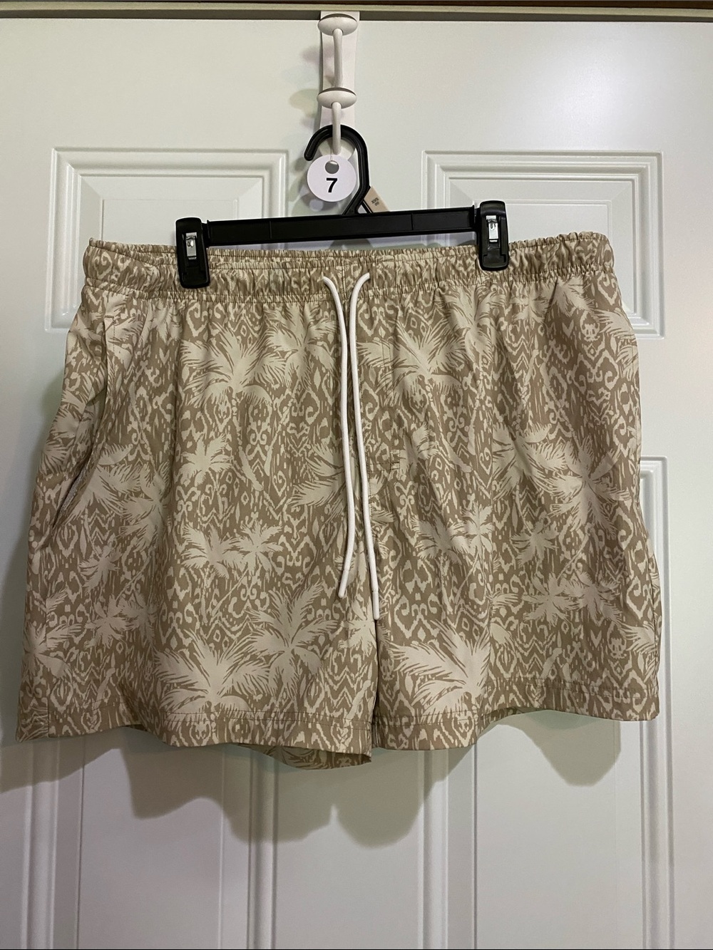 Men's Beige Tropical-Print Swim Trunks with Drawstring
